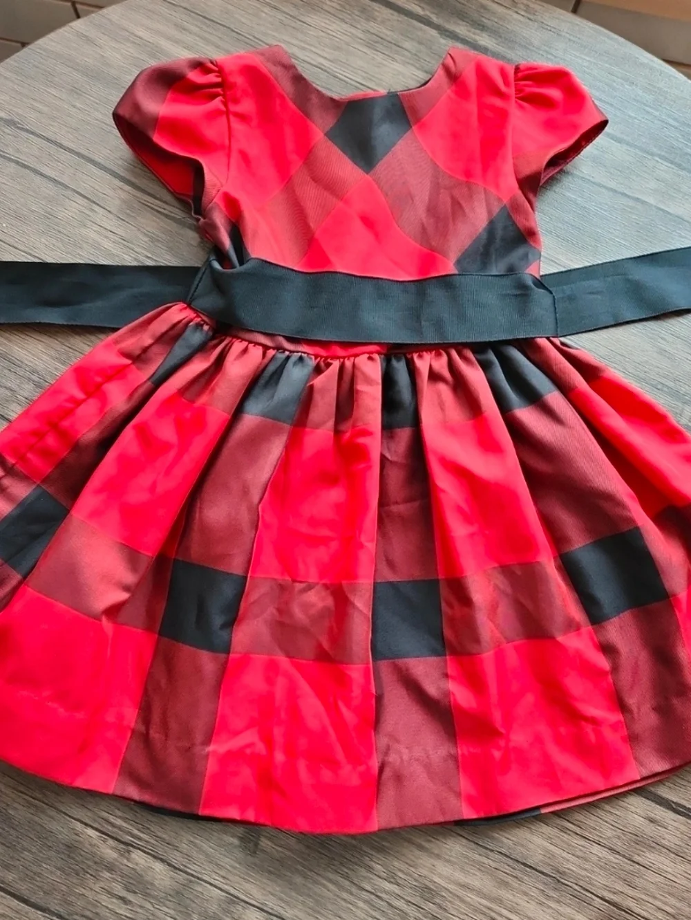 Ralph Lauren 24M Red Buffalo Plaid Taffeta Holiday Dress Black Grosgrain Sash